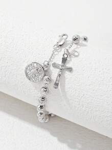 1pc 925 Sterling Silver Antioxidant Real Platinum Plated, Monobloc Carved Priest Cross Jesus Prayer Beads Bracelet, Comes With Deluxe Gift Box And Bag, Suitable For Mother's/Valentine's Day, Couples, Friends, Believers, First Holy , Everyday & Festival Wear, Prayer - White - View 1