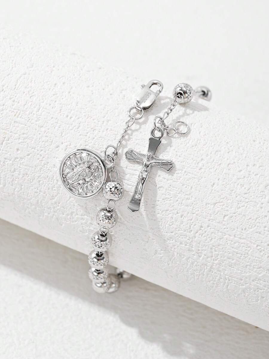 1pc 925 Sterling Silver Antioxidant Real Platinum Plated, Monobloc Carved Priest Cross Jesus Prayer Beads Bracelet, Comes With Deluxe Gift Box And Bag, Suitable For Mother's/Valentine's Day, Couples, Friends, Believers, First Holy , Everyday & Festival Wear, Prayer - White - View 1