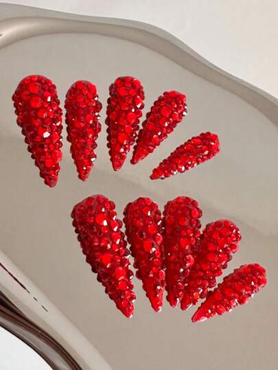 Stiletto Nails Handmade Press-On Nails With Solid Color Base, Red Rhinestone Embellishments, Minimalist Luxury Full-Cover Glitter, Y2K-Inspired Sparkling Designs & Dazzling Crystal Accents - Full-Cover Artificial DIY Glitter Press-On Nails, False Nails For Parties, Concerts, Nightlife, Festivals, Weddings, Dating, Vacations, Photo Shoots & Fashion Events - 10 Pieces/Bag