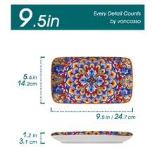 vancasso 6 Pieces Plate Set, Multicolour Set, Polychrome, Porcelain Dinnerware, Rectangular Dish For 6 Person, Ceramic Stamping In Bohemian Style, 9.5in - Multicolor - View 2