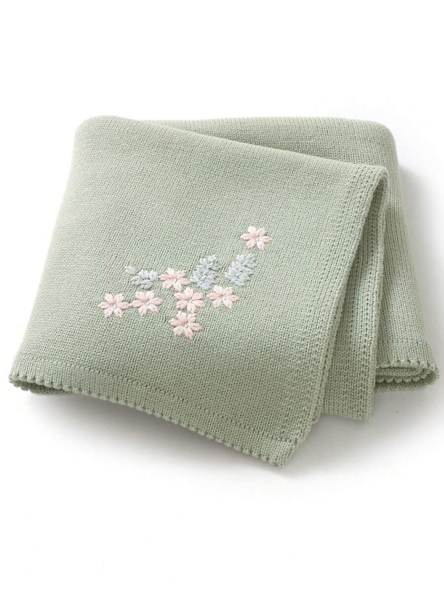 1 件婴儿针织毯带刺绣装饰，甜美婴儿襁褓毯，休闲简约设计，适合所有季节 - 綠色 - 查看 1
