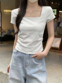 女式方领褶皱修身短袖休闲 T 恤，夏季 - 白色 - 查看 6