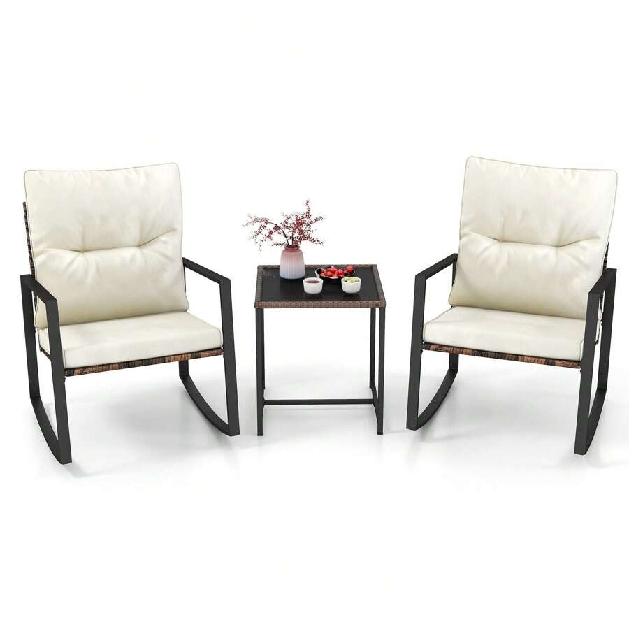 ERGOMASTER  3-Piece Rocking Bistro Set Wicker Patio Furniture Set Porch Chair Set - Grey - View 1