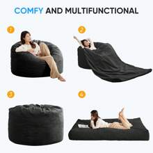 Full/Queen Size Bean Bag Chairs For Adults, 2 In 1 Bean Bag Chairs, Convertible Bean Bag With Filler For Gaming Large Foam, Bean Bags With Washable Soft Corduroy Cover For Living Room - 深灰色 - 查看 7