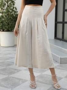 tooluck Women's Wide Leg Pants With Elastic Waist And Casual Pocket Pants - 卡其色 - 查看 2