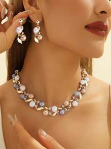 3入/set 迷人的鑽石和人工珍珠飾品套裝,適用於女性婚禮派對 - 金黃色 - 查看 12