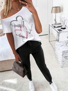 Femmes 2 pièces Ensemble Décontracté Top à Manches Courtes Imprimé Graphique et Pantalon Long Blanc Été - Blanc - Voir 1