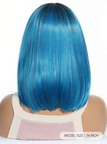 14 英寸合成假发棕色渐变蓝色长直发带刘海合成纤维假发头发替换假发适合女性女孩 - 漸層藍色 - 查看 5