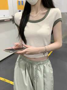 女士方领拼色修身休闲短袖 T 恤上衣，夏季 - 杏色 - 查看 3