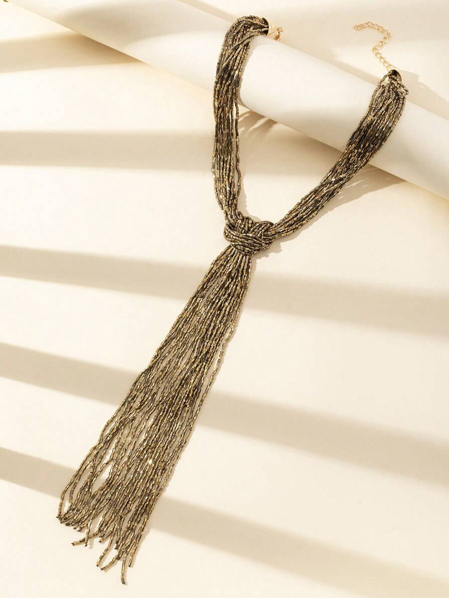 1 件女士时尚闪光玻璃珠金色项链，适合日常佩戴 - 金色 - 查看 1