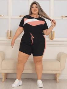 Shorts Set With Sleeves Plus Size Crepe Mesh Comfortable Casual Versatile - Rusty Rose - View 4