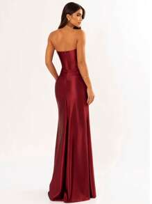 LONG WEDDING PARTY DRESS FOR BRIDESMAID FASHIONISTA STRAPLES WITH SLIT - Redwood - View 2
