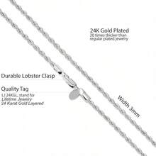 LIFETIME JEWELRY 3mm Rope Chain Necklace For Men And Women, 24K Gold Plated Bronze, Gold Or White Gold Color, 14-36 Inch - 白金 - 查看 6