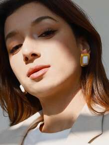 Uworld 1 Bông tai thép không gỉ hình học cổ điển thời trang dành cho nữ Bông tai tròn vuông bằng đá mã não mạ vàng 18K Thích hợp đeo hàng ngày Đi làm Quà tặng lễ hội tiệc tùng, v.v. - bông tai hình học - Xem 5