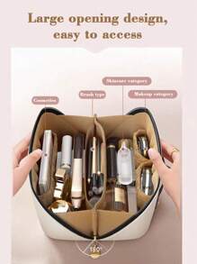 Large Capacity Spacious Double Layer Makeup Bag, Cosmetic Organizer Bag, PU Leather Waterproof Makeup Pouch, Lightweight Toiletry Bag With Compartments, Big Capacity Travel Makeup Storage Bag, Multi-Functional Travel Organizer Bag, Home & Travel Cosmetic Bag With Divider And Handle