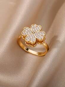 1PC Zirconia Rotatable Four Leaf Clover Anxiety Rings For Women Stainless Steel Anti-Stress Ring Aesthetic Jewelry Gift
