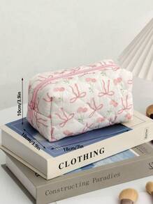 1 件带拉链的蝴蝶结图案化妆包旅行洗漱用品收纳袋洗漱包拉链化妆包大容量绗缝花卉洗漱包心形化妆刷收纳袋柔软蝴蝶结和玫瑰化妆品收纳袋通勤化妆包适用于圣诞节礼物、妈妈礼物、母亲节礼物、伴娘礼物，