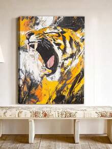 1pc Wooden Framed Canvas Painting Wall Art Jagged Tiger Captured Brushstrokes Mid-Roar Dad Gifts Cafe Bar Wall Decor Framed-Wrapped Canvas