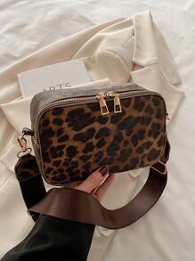 1 件黑色 PU 皮革双拉链豹纹时尚百搭休闲斜挎包，适合女性日常使用 - 咖啡 - 查看 9