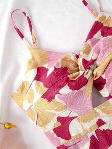 Vestido de tirantes con escote en V y espalda descubierta con estampado de hojas de ginkgo, mini vestido de verano sin mangas para el Día de San Valentín - Rojo - Ver 4