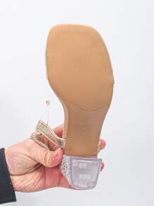 Women's Gold Studded Open Toe Low-Top/Strappy Design Clear Crystal Bottom Sandals, Elegant Minimalist Style Suitable For Daily Wear, Evening Party, Spring & Summer High Heels