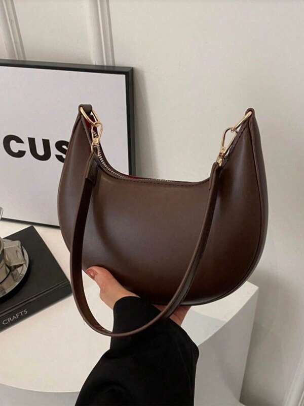 1 pièce Sac d'aisselle en forme de croissant avec fermeture éclair en couleur unie en PU, sac à bandoulière vintage à la mode convenant pour les femmes de bureau, polyvalent