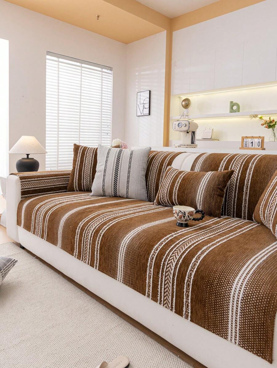 1 件雪尼尔沙发套，防滑沙发垫，适合所有季节 - 咖啡棕 - 查看 1