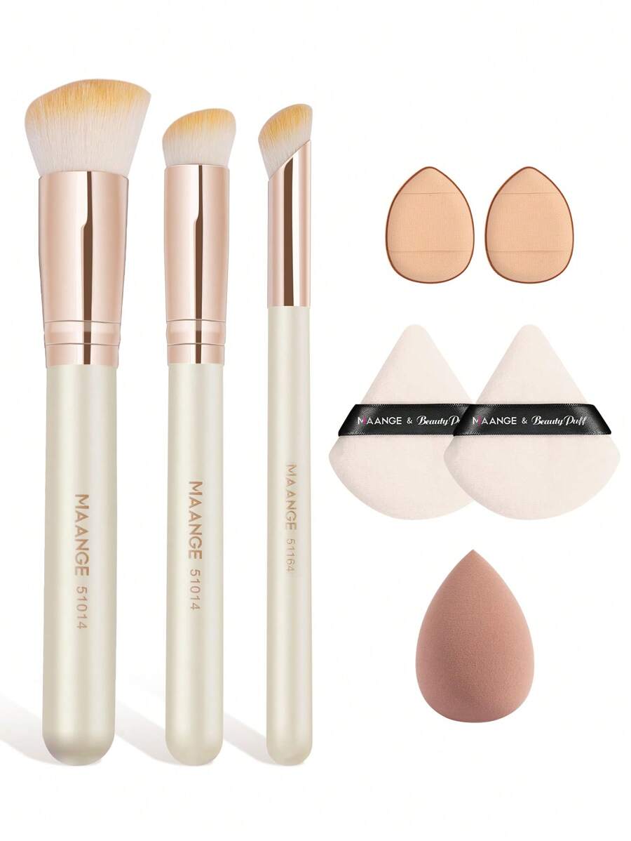 MAANGE 8pcs Makeup Tool Kit 3pcs Basic Makeup Brushes Set Foundation Concealer Details Brushes Soft Dense Fiber 2pcs Triangle Velvet Powder Puff 1pc Beauty Cosmetics Blending Sponge Egg 2pcs Mini Air Cushion Puff For Travel, Party Reapply Makeup - 杏色 - 查看 1