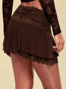Gothic - Inspired Brown Lace Crop Top  Ruffled Skirt Set - Brown - View 2