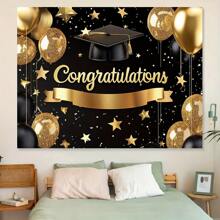 1 PC, Polyester Fiber Graduation Party Banner, Black And Gold Congratulatory Background Board, Multifunctional Room And Entrance Decoration, No Electricity Required, Suitable For All Seasons