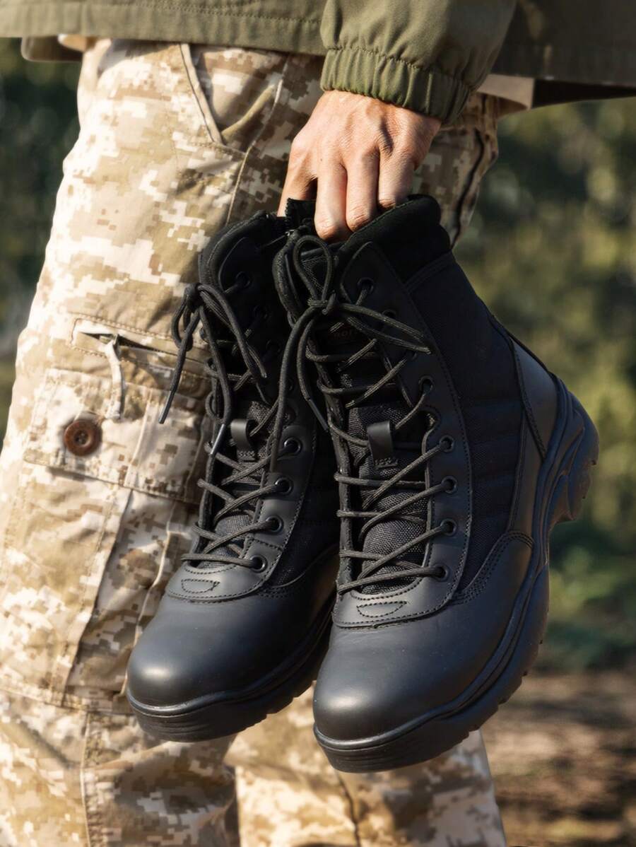 Botas tácticas militares para hombre con cremallera lateral, botas para motocicleta y combate (15-20 cm) - Negro - Ver 1