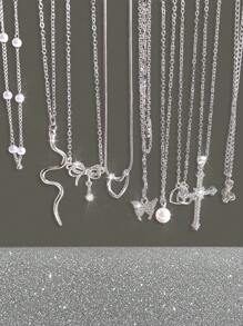 9pcs Fashionable, Elegant, Cute Design Necklace Set Including Butterfly, Heart, Cross, Bow, Snake, Rhinestone, Pearl Elements, Versatile For Holiday, Party, Daily Wear