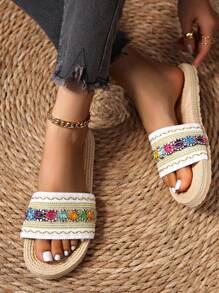 女士平底拖鞋，轻便舒适的假日拖鞋，色彩缤纷的波西米亚风格假日凉鞋，超轻鞋底，轻便平底家居拖鞋，露趾透气静音浴室拖鞋 - 多色-圓頭 - 查看 4