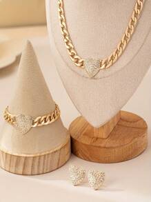 金色金属首饰套装包括：粗链、简约心形吊坠、耳钉、项链、手链、日常佩戴套装 - 金黃色4件套裝 - 查看 1