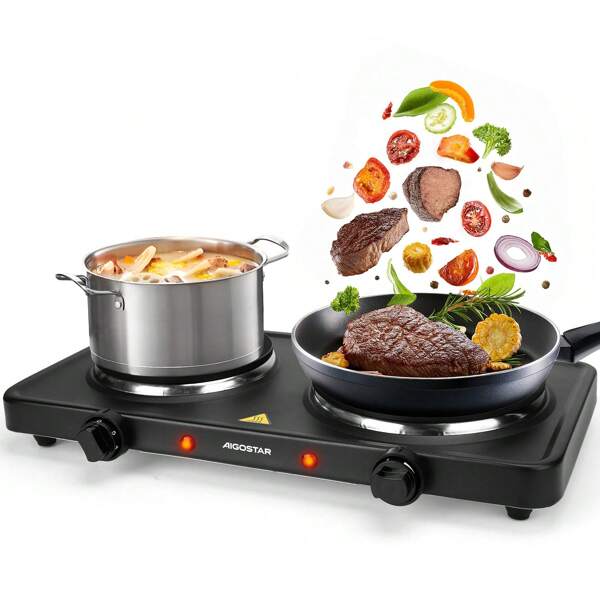 Kochplatte 2500W, Herdplatte 2 kochfelder, mit 2 Brennern von 185mm und 155mm Durchmesser, 5 Stufen einstellbarer Thermostat, Anti-Rutsch-Pad, geeignet für Camping