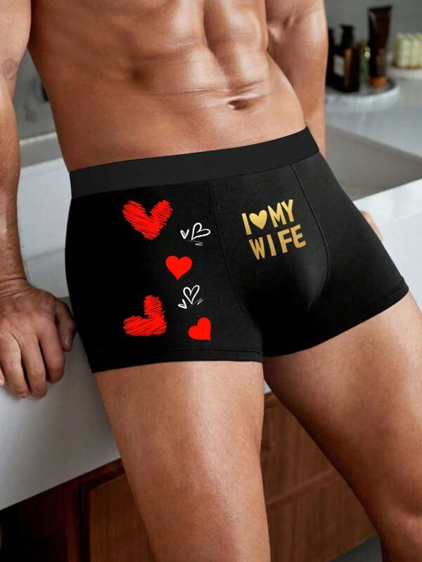 S-XXXXL Men's Briefs, Gold "I Love My Wife" Letter Print Breathable Lightweight Boxer Shorts