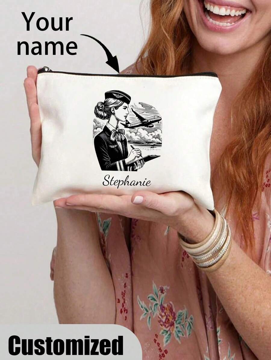 1 PC Fashionable Flight Attendant Personalized Cosmetic Bag - Polyester Makeup Pouch With Zipper, Machine Washable, Lightweight, Fade Resistant, Foldable, And Fixed Shoulder Strap For Customizable Travel Toiletry Organization And Easy Carrying - Beige - View 1