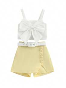 Toddler Girls Bow Embellished Tank Top  Skort Set - Cute Summer 2 - Piece Outfit With Belt For Kids - Yellow - View 2
