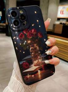 1pc Fashion Glass Bottle Rose Pattern Camera Full Body Shockproof Phone Case, Minimalist Design Compatible With IPhone//OPPO/Vivo/Redmi/ Series
