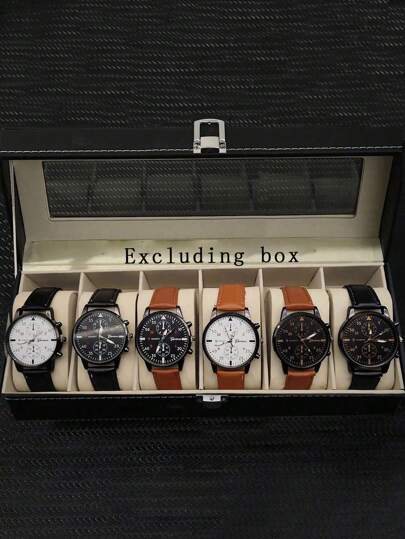 6pcs/Set Casual Street Style Men's Fashion Leather Belt And Watch Band Quartz Watch Set