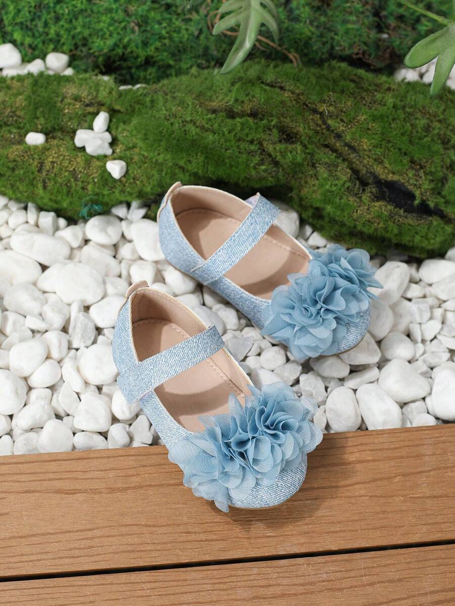1 Pair Cute Floral Print Girls Ballet Flats - Blue and White - View 1