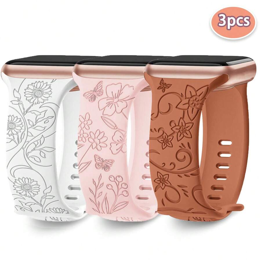 3 件花卉雕刻表带兼容 Apple Watch 表带 40 毫米 41 毫米 38 毫米 42 毫米 44 毫米 45 毫米 46 毫米 49 毫米女款，柔软硅胶可爱花朵 Apple Watch 表带兼容 Apple Watch Series 10 9 8 7 SE 6 5 4 3 2 - 混合色8 - 查看 1