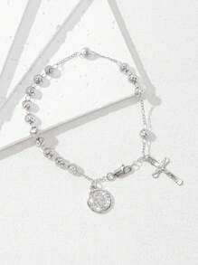 1pc 925 Sterling Silver Antioxidant Real Platinum Plated, Monobloc Carved Priest Cross Jesus Prayer Beads Bracelet, Comes With Deluxe Gift Box And Bag, Suitable For Mother's/Valentine's Day, Couples, Friends, Believers, First Holy , Everyday & Festival Wear, Prayer - White - View 2