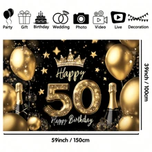 1pc Elegant Gold 50th Birthday Party Background, Polyester Fabric, No Electricity, Suitable For Housewarming, Anniversaries And Celebrations, Shiny Balloons And Champagne Design - Multicolor - View 3