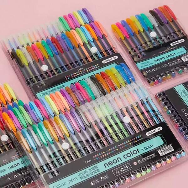 KIT Com 12/24/36 Caneta De gel Colorida CORES NEON e pastel 1,0 mm material escolar marca texto