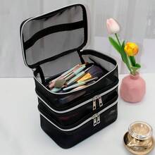 Borsa da trucco alla moda e semplice in rete, grande capacità, multistrato, multifunzionale, borsa portaoggetti nera, portatile, adatta per uso domestico e in viaggio