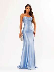 LONG WEDDING PARTY DRESS FOR BRIDESMAID FASHIONISTA STRAPLES WITH SLIT - Baby Blue - View 1