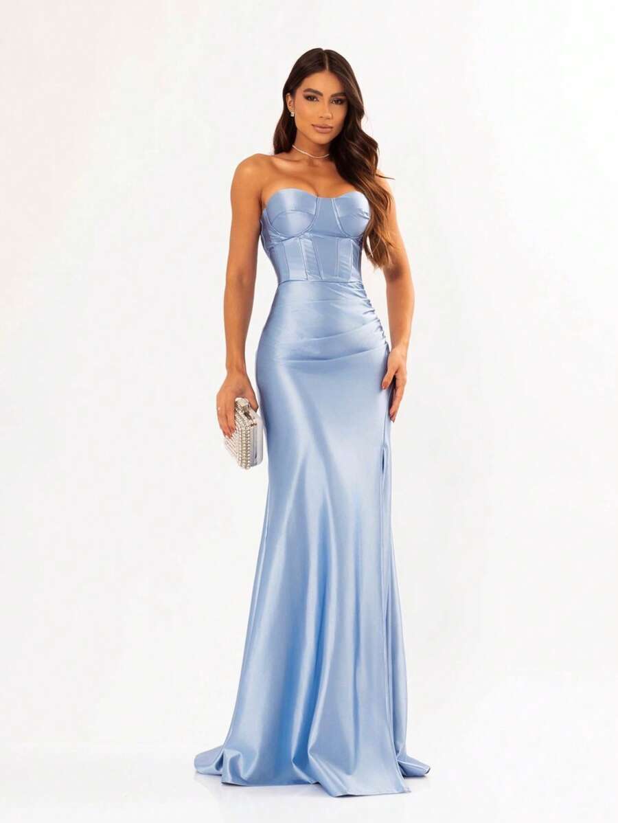 LONG WEDDING PARTY DRESS FOR BRIDESMAID FASHIONISTA STRAPLES WITH SLIT - Baby Blue - View 1