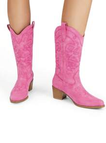 New Arrivals Women's Cowboy Boots Cowgirl Western Boots Mid Calf Boots Fashionable Embroidery Stitched Slip On Chunky Heel Music Festival Party Boots - 粉色 - 查看 5