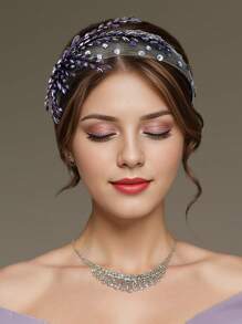 1 Piece Of Women's Fashionable Elegant Purple Crystal Wide Brimmed Headband With Elegant And Unique Leaf Design Beaded Mesh Hair Accessory, Light And Luxurious Wedding Banquet, Holiday Party, Birthday Bridesmaid Gift, Daily Leisure Commuting Accessories.
